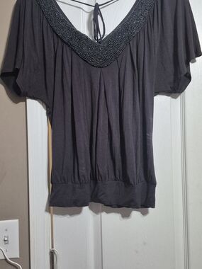 Like New Women's Twentyone Brown Beaded V-Neck Blouson Top In Large